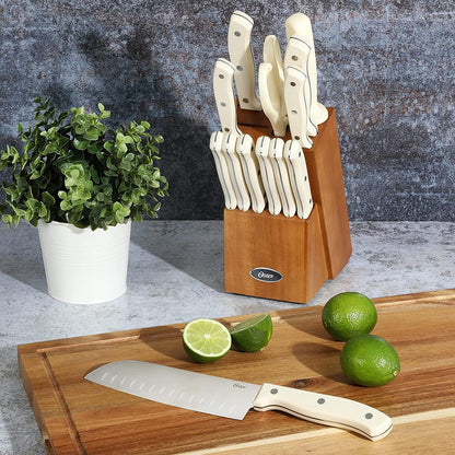 Oster Evansville 14 Piece Cutlery Knife Block Set, Stainless Steel w/Linen White Handles