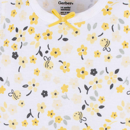 Gerber Set 4 Pañaleros sin Manga para Bebé Niña, Color Abeja Amarillo/Gris, Talla 3-6M