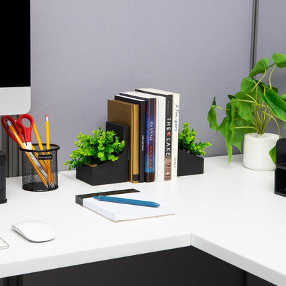 Mind Reader - Sujetalibros contemporáneos para macetas, Soportes para Libros con vegetación sintética, Organizador Decorativo de computadora o estantes, Cemento, Juego de 2, Negro