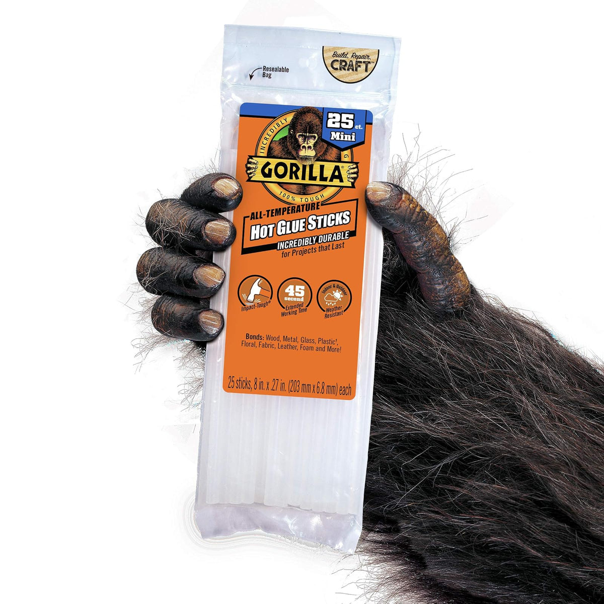 Gorilla Hot Glue Sticks, pegamento transparente, tamaño mini 8 pulgadas de largo x 0.25 pulgadas de diámetro, 25 unidades (paquete de 1) – Seguro para todas las temperaturas con tiempo de trabajo