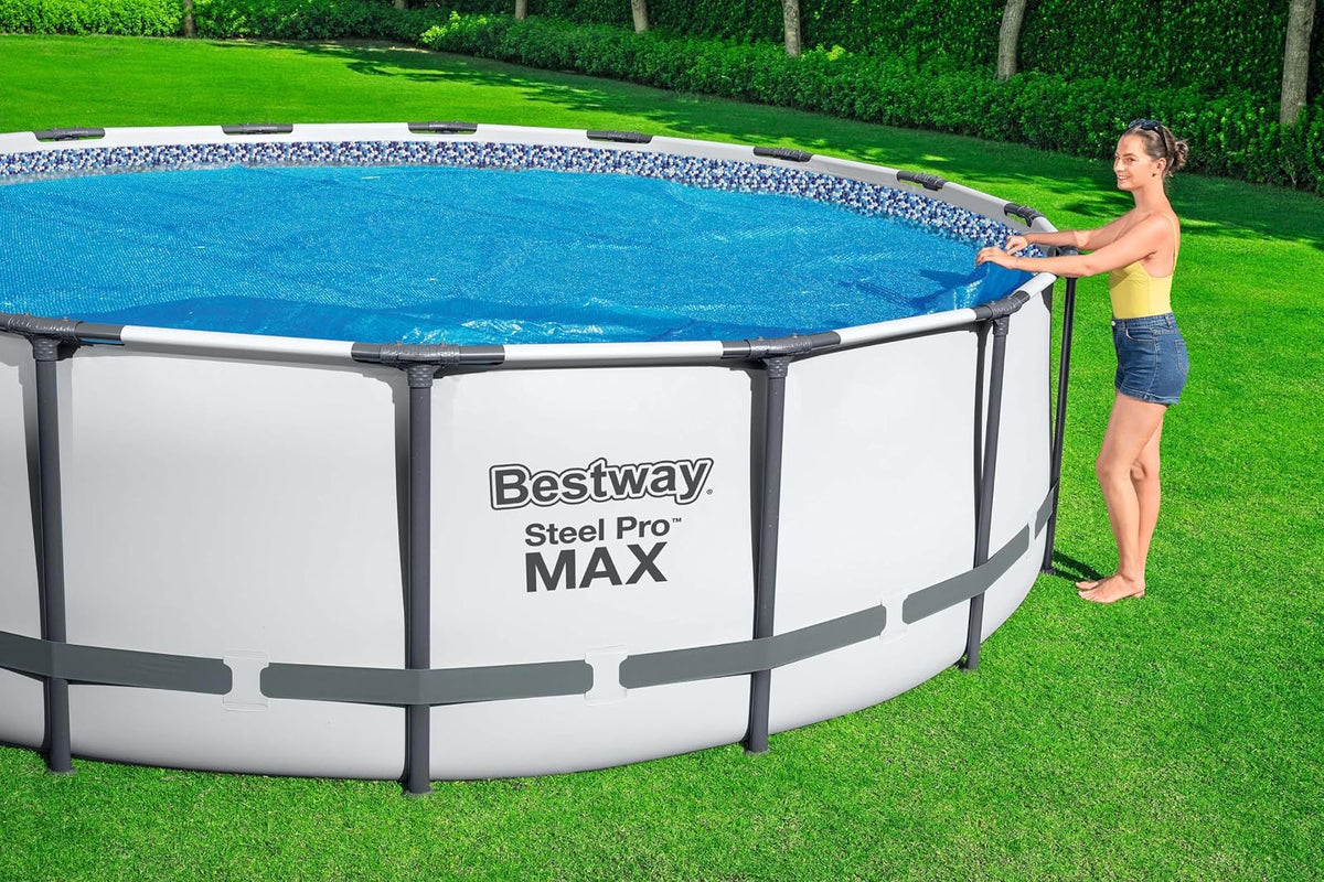 Bestway - Cubierta Solar Redonda para Piscina sobre el Piso, 3,96 m x 4,27 m x 4,57 m