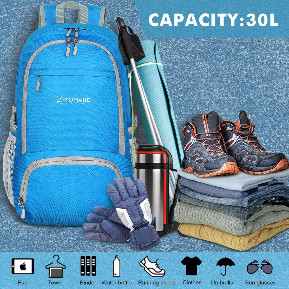 ZOMAKE Lightweight Packable Backpack 30L
