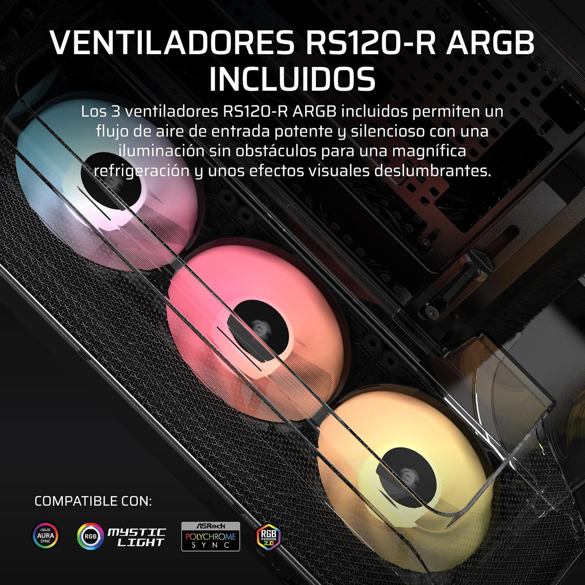 Corsair Air 5400 RS-R ARGB Caja para PC Semitorre – Negro | Panorámica, Triple Cámara, 3 ventiladores RS120-R ARGB Reverse-Rotor preinstalados, conductos de alto flujo y bajo ruido