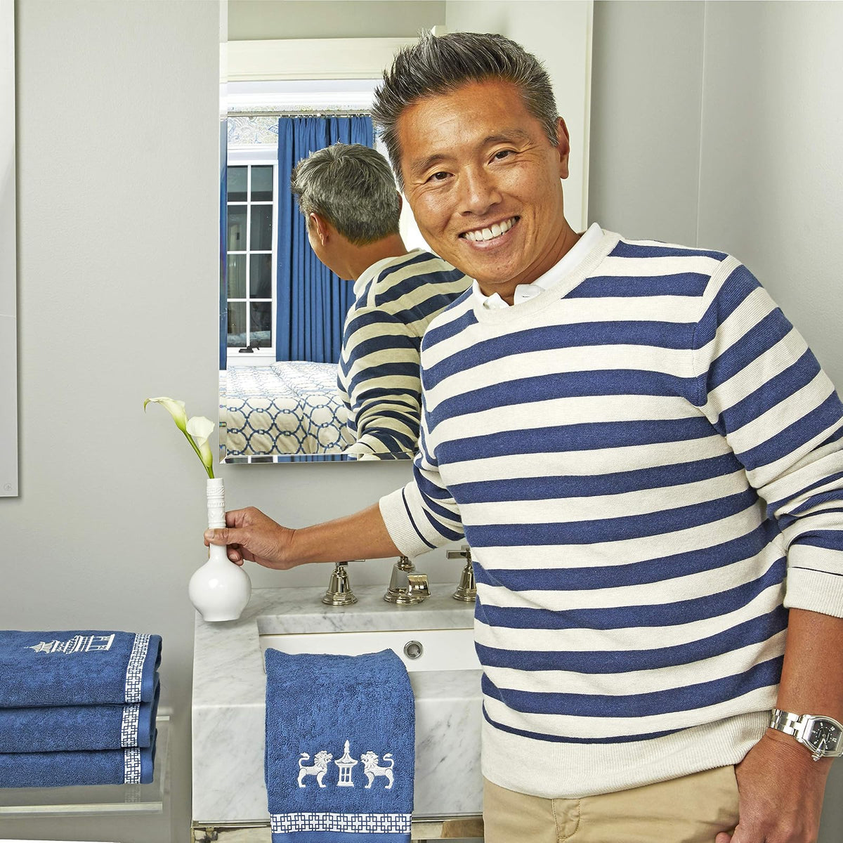 SKL Home Vern Yip Chinoiserie Juego de Toallas de Mano, Azul Marino (Paquete de 2)