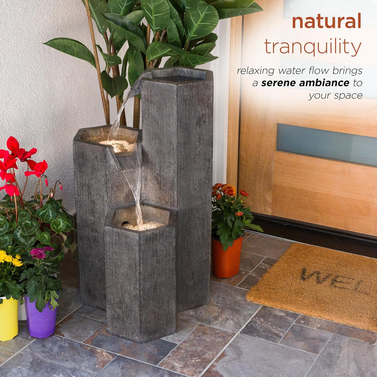 Alpine Corporation GIL1480 Fuente Cascada Hexagonal de Piso para Exteriores, Fuente de Agua Moderna de Piedra Envejecida de 25", Gris