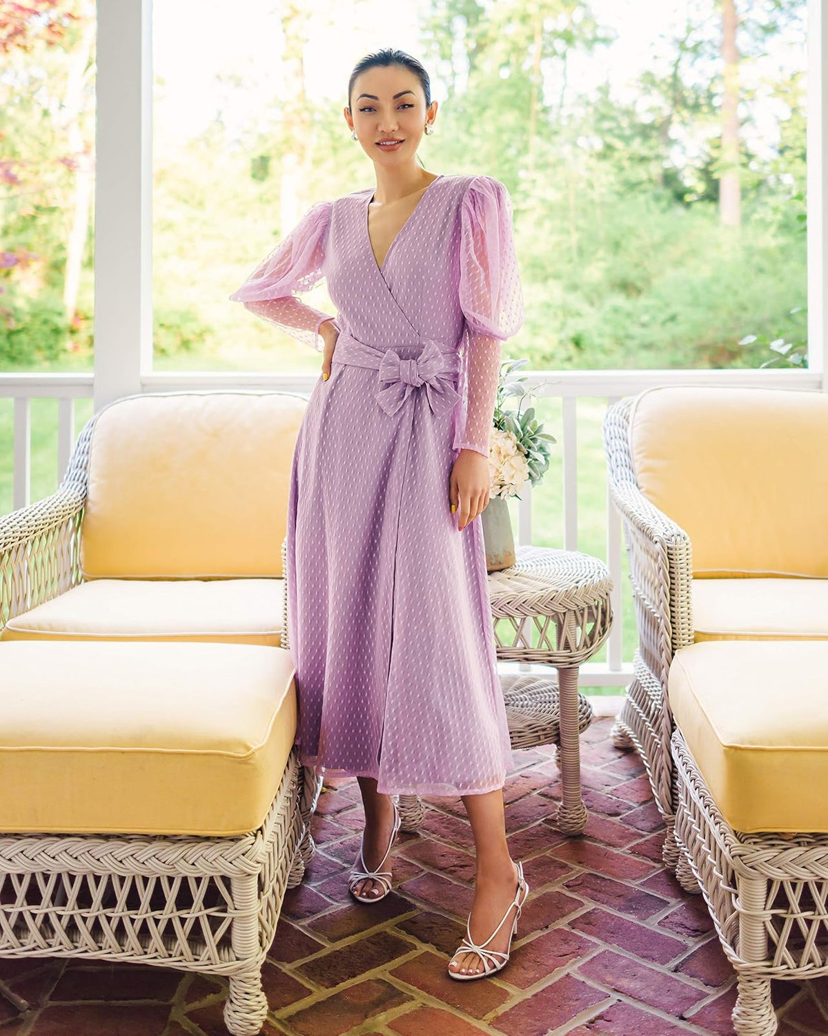 The Drop @jessicawang - Vestido cruzado de manga larga con cuello en V para mujer