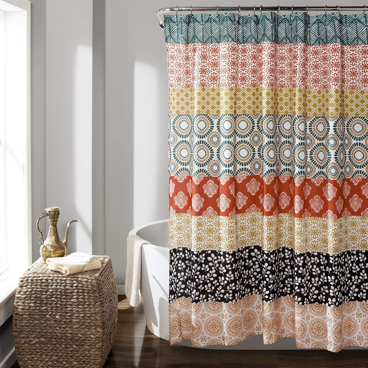 Lush Decor - Cortina de Ducha de Rayas Bohemias de 72 Pulgadas de Ancho x 84 Pulgadas de Largo, Turquesa y Naranja, Cortina de baño, Cortina de Ducha extralarga, decoración Bohemia, Cortinas de Ducha - Turquesa y naranja