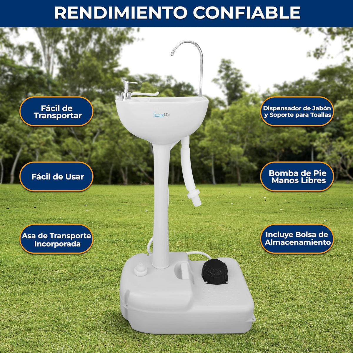 SereneLife Lavabo Portátil Fregadero para Camping con Tanque de Agua de 19L, Bomba de Pie, Dispensa Jabón y Soporte para Toallas, Compacto con Asa para Transportar, Ideal Actividades al Aire Libre