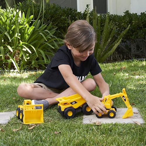 Cat - Juguetes de construcción de 3 Unidades, Paquete de 3 Unidades, 7 Pulgadas, Juguetes Amarillos para vehículos de construcción, Incluye camión volquete, Cargador de Ruedas y Excavadora para niños