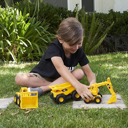Cat - Juguetes de construcción de 3 Unidades, Paquete de 3 Unidades, 7 Pulgadas, Juguetes Amarillos para vehículos de construcción, Incluye camión volquete, Cargador de Ruedas y Excavadora para niños