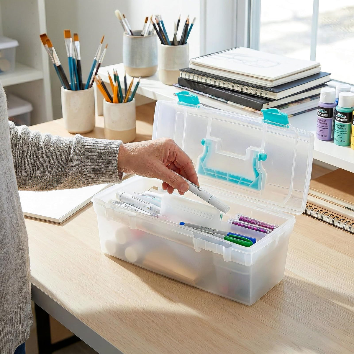 ArtBin 6937AG Essentials Caja de Bandeja elevable, Organizador portátil de Arte y Manualidades con asa y Bandeja, Transparente/Aguamarina