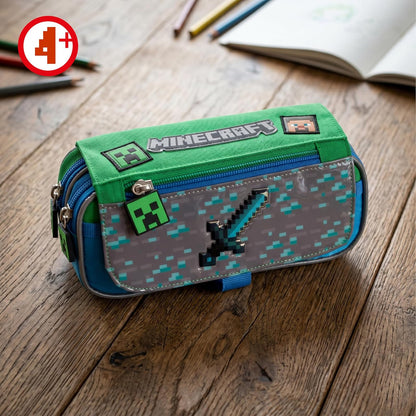 Ruz Lapicera Triple Infantil y Preescolar | Minecraft | 100% Poliéster | Organizador Escolar para Niños con Múltiples Bolsillos y Cierre | Recomendado desde 3 años