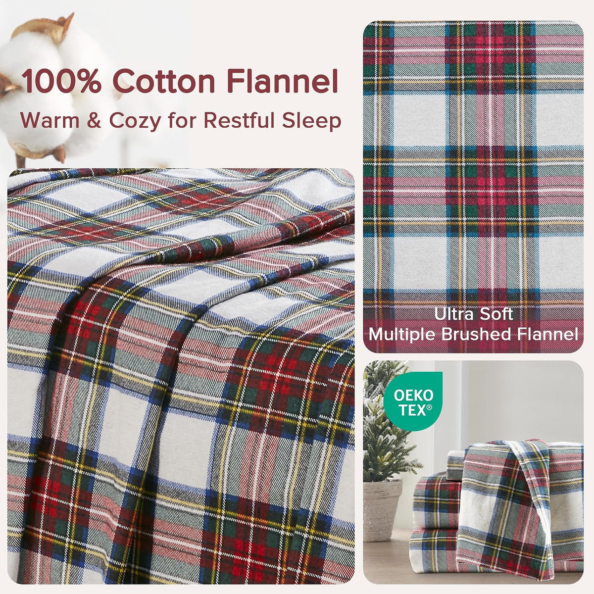 Comfort Spaces - Sábanas de Franela de algodón Transpirable con Bolsillos Profundos y Funda de Almohada, tamaño Individual, a Cuadros, Gris/Rojo, 6 Piezas