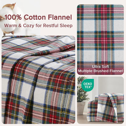 Comfort Spaces - Sábanas de Franela de algodón Transpirable con Bolsillos Profundos y Funda de Almohada, tamaño Individual, a Cuadros, Gris/Rojo, 6 Piezas