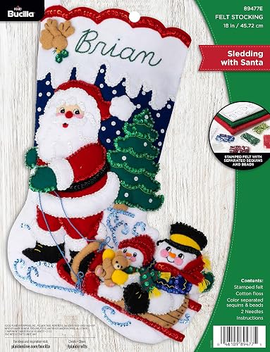 Bucilla - Apliques de fieltro para hacer medias de 45,7 cm, trineo con Papá Noel, perfecto para manualidades y manualidades, 89477E