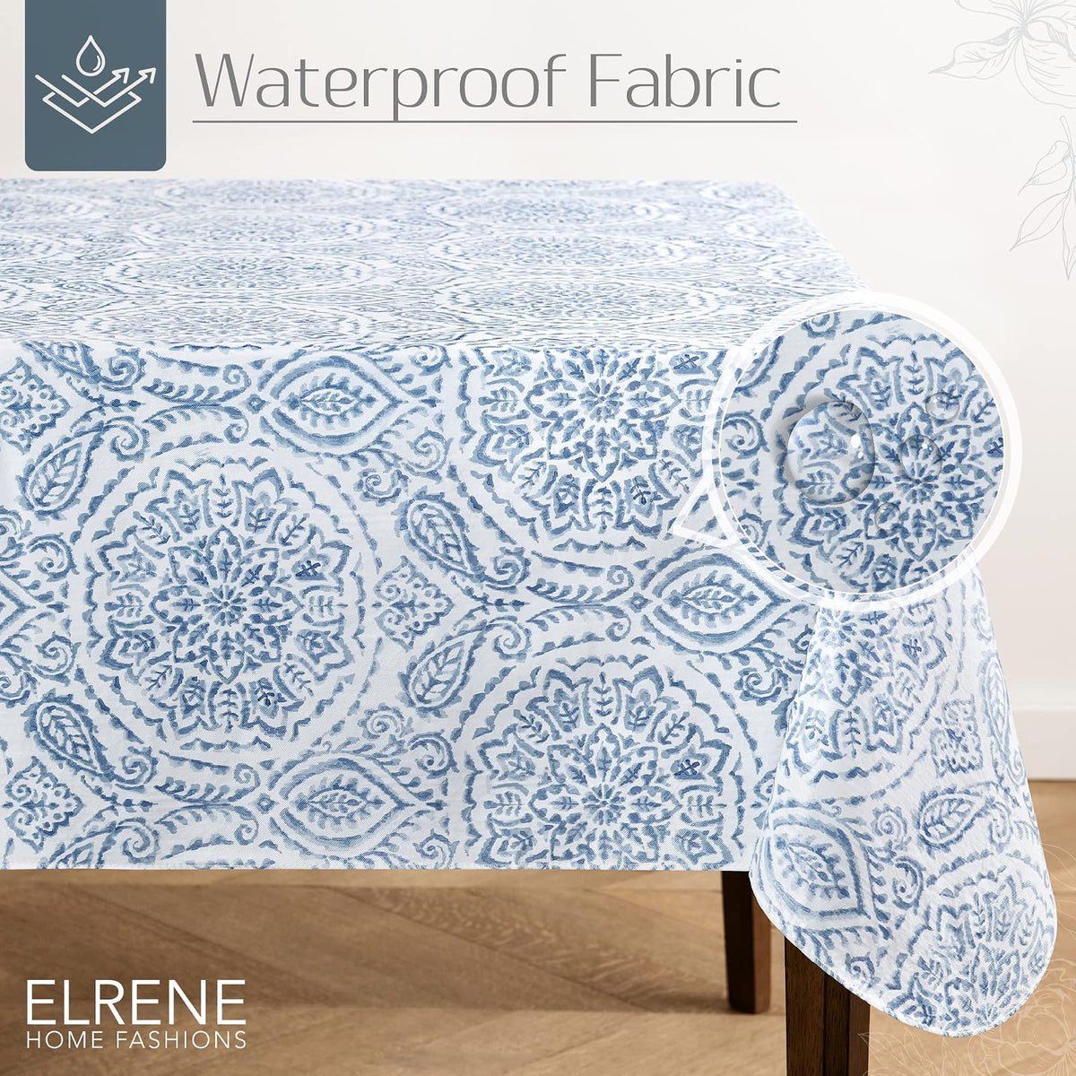 Elrene Home Fashions Savannah Boho Paisley Water- and Stain-Resistant Vinyl Tablecloth with Flannel Backing, 60 Inches X 120 Inches, Rectangle, Blue