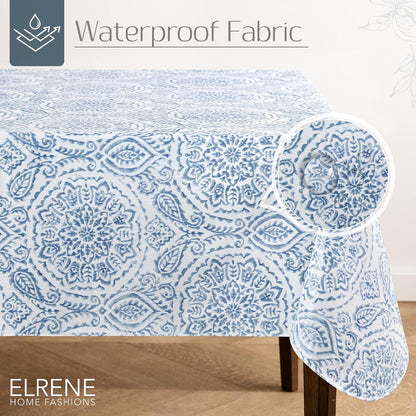 Elrene Home Fashions Savannah Boho Paisley Water- and Stain-Resistant Vinyl Tablecloth with Flannel Backing, 60 Inches X 120 Inches, Rectangle, Blue