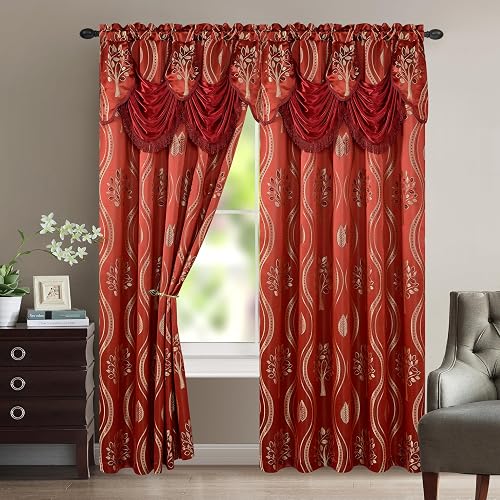 Elegant Comfort Luxurious Beautiful Curtain Panel Set with Attached Valance 54" X 84 inch (Set of 2), Burgundy