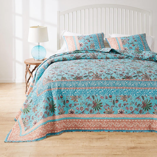 Greenland Home Audrey - Juego de Colcha, Edredón Acolchado, Ropa de Cama, 3 Piezas, Tamaño Jumbo Queen, Turquesa