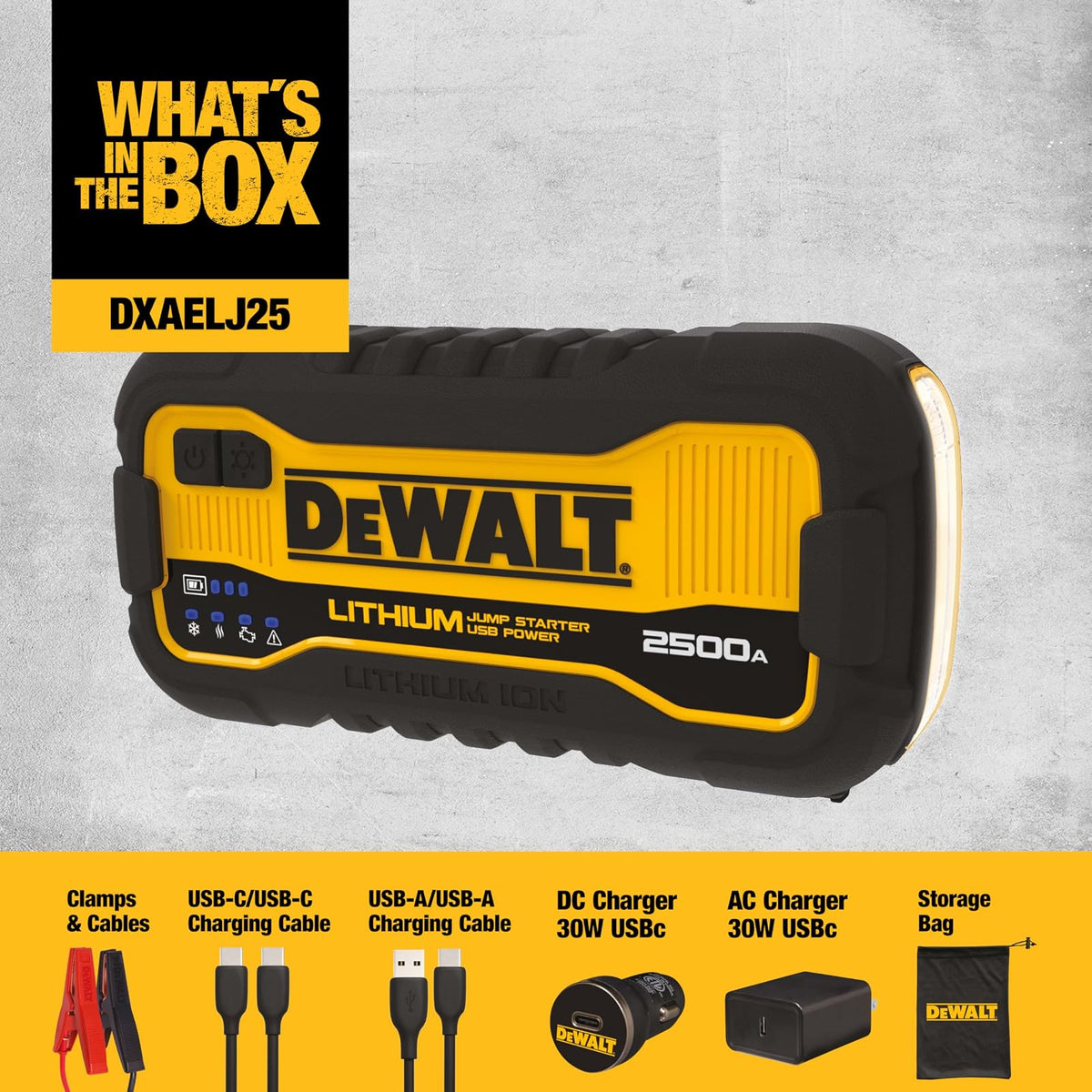 DEWALT DXAELJ25 2500 Peak Amp arrancador de Litio portátil con 25 W Tipo C, 15 W Tipo A, 60 W Tipo C Entrada/Salida