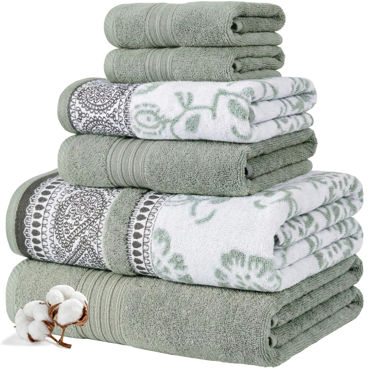 Modern Threads Juego de 6 Piezas, 2 Toallas de baño, 2 Toallas de Mano, 2 Toallas de Hilo teñido de Jacquard/sólido Juego de Toallas Ophelia Dark Sage - Estándar - Salvia oscura