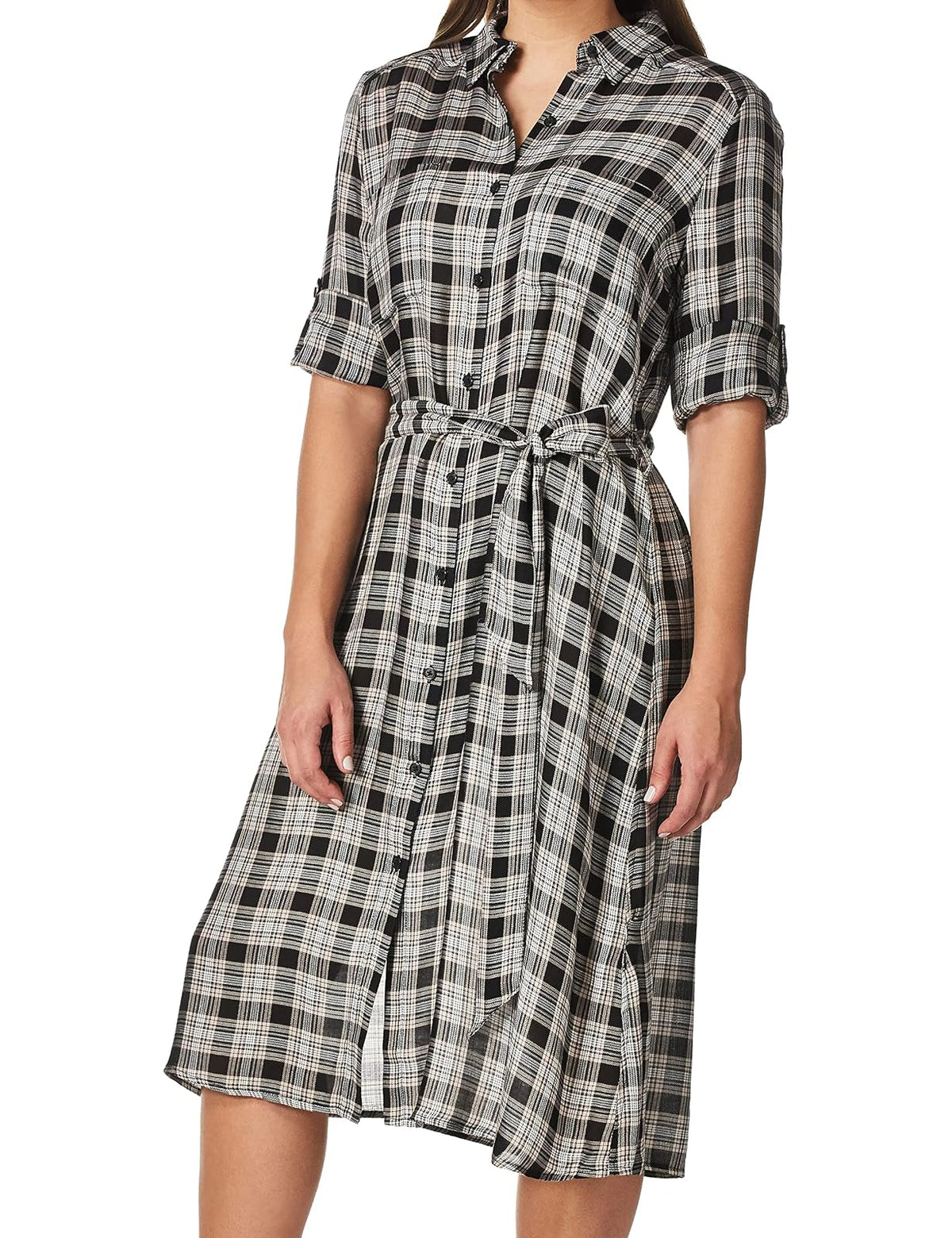 Max Studio 3/4 Sleeve Midi-Length Plaid Shirt Dress Vestido Casual Mujer