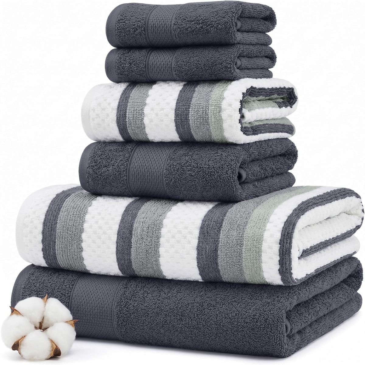 Modern Threads Pax - Juego de 6 Toallas Reversibles teñidas de Hilo Jacquard, Toallas de baño, Toallas de Mano y paños de baño, súper absorbentes y de Secado rápido, 100% algodón Peinado, Mezclilla - Pequeño - Mezclilla