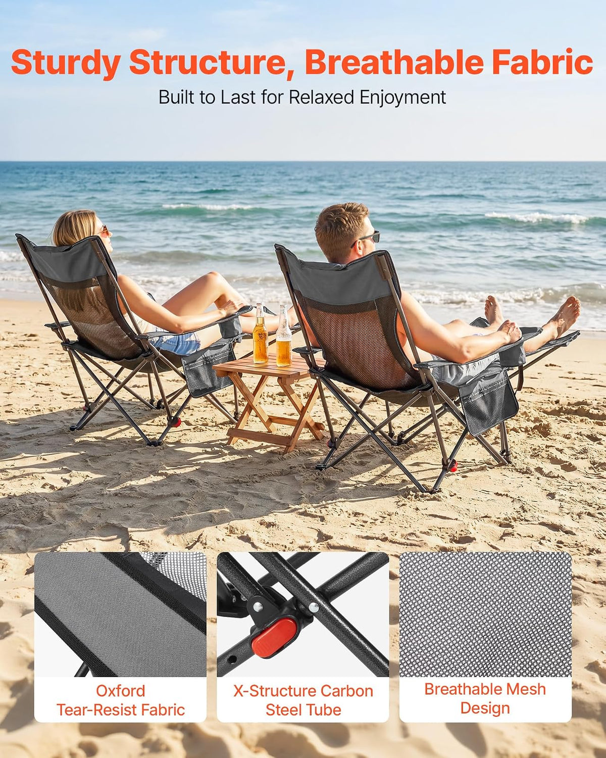 VEVOR Silla de Camping Plegable, 4 Posiciones Ajustables, Silla Reclinable y Portátil con Reposapiés y Reposacabezas, Tejido de Malla, Capacidad de Carga de 100 kg, para Playa y Patio, Gris