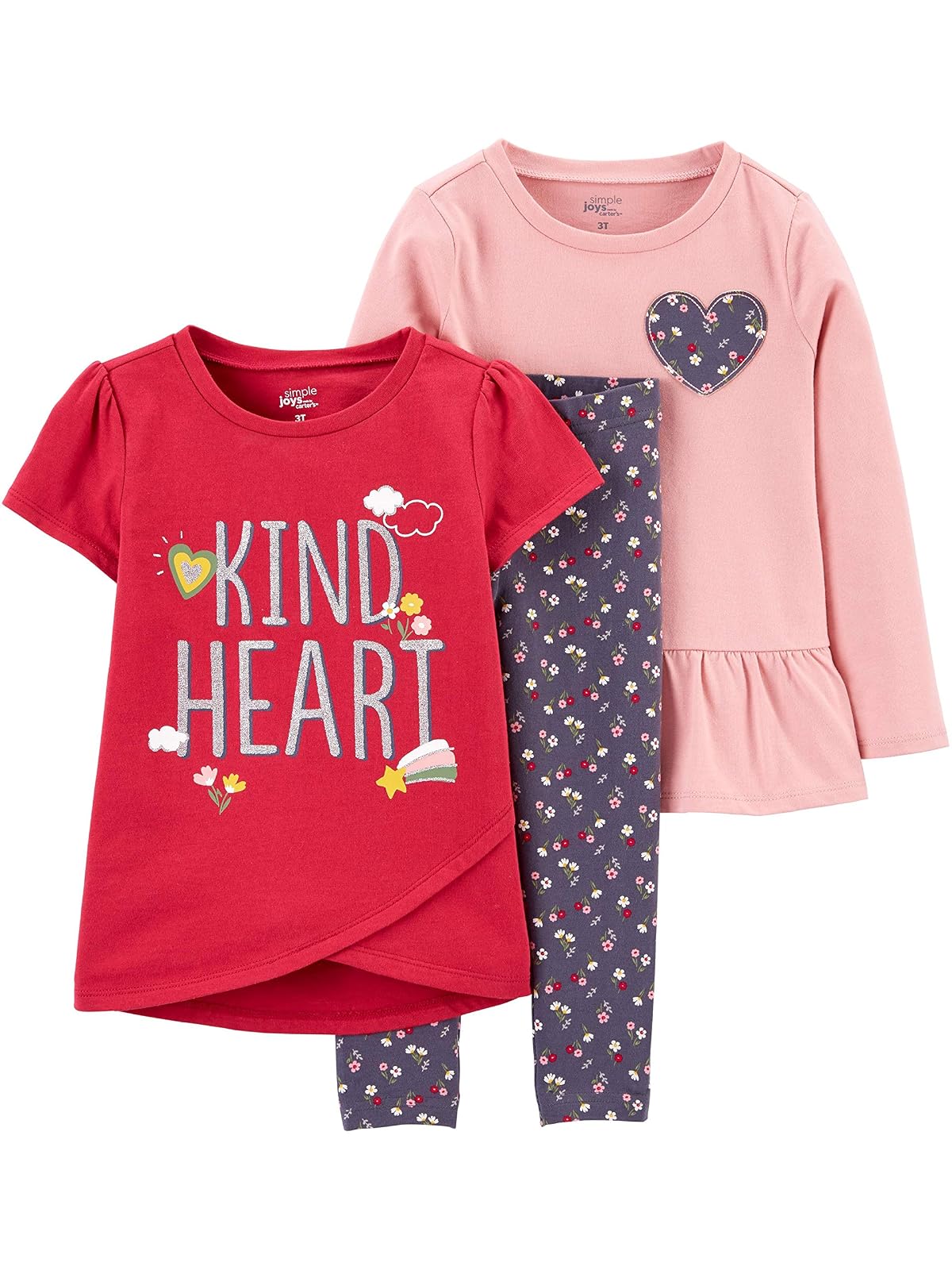 Simple Joys by Carter's - Juego de ropa de juego de 3 piezas, diseño de corazón/floral