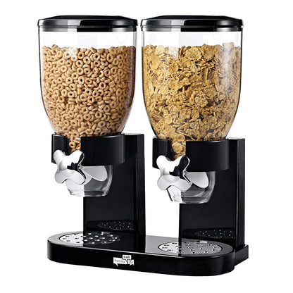 Zevro Dos dispensadores para alimentos secos, negro / cromado | Dos recipientes herméticos de 17 onzas en una base de cromo dispensan cereales, nueces o dulces en porciones uniformes