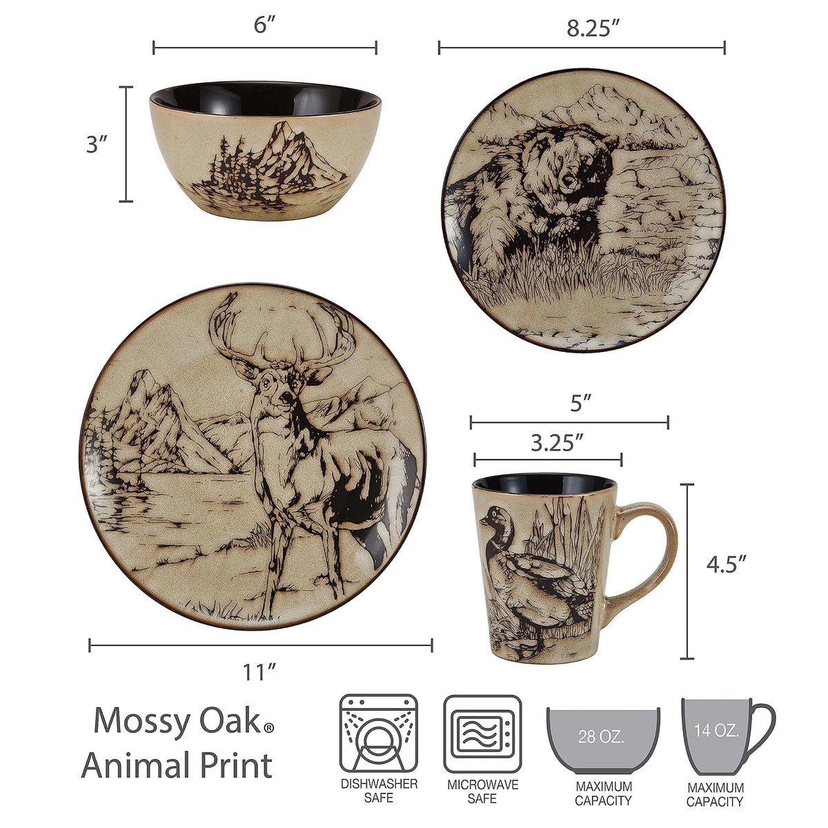 Mossy Oak Animal Print - Juego de vajilla de 16 piezas, servicio para 4, negro y beige