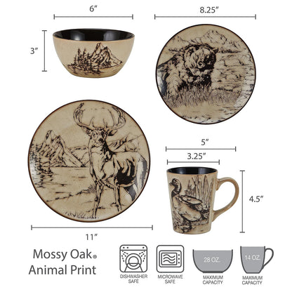 Mossy Oak Animal Print - Juego de vajilla de 16 piezas, servicio para 4, negro y beige