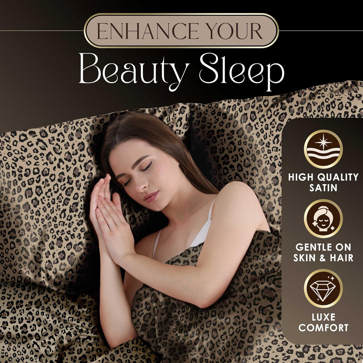 Martex Elegance - Juego de sábanas de satén de 4 Piezas, tamaño King, Calidad de Hotel de Lujo, Estampado de Leopardo, Sedoso Suave y Suave, café