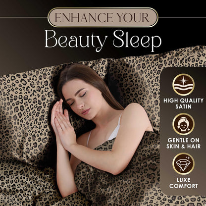 Martex Elegance - Juego de sábanas de satén de 4 Piezas, tamaño King, Calidad de Hotel de Lujo, Estampado de Leopardo, Sedoso Suave y Suave, café