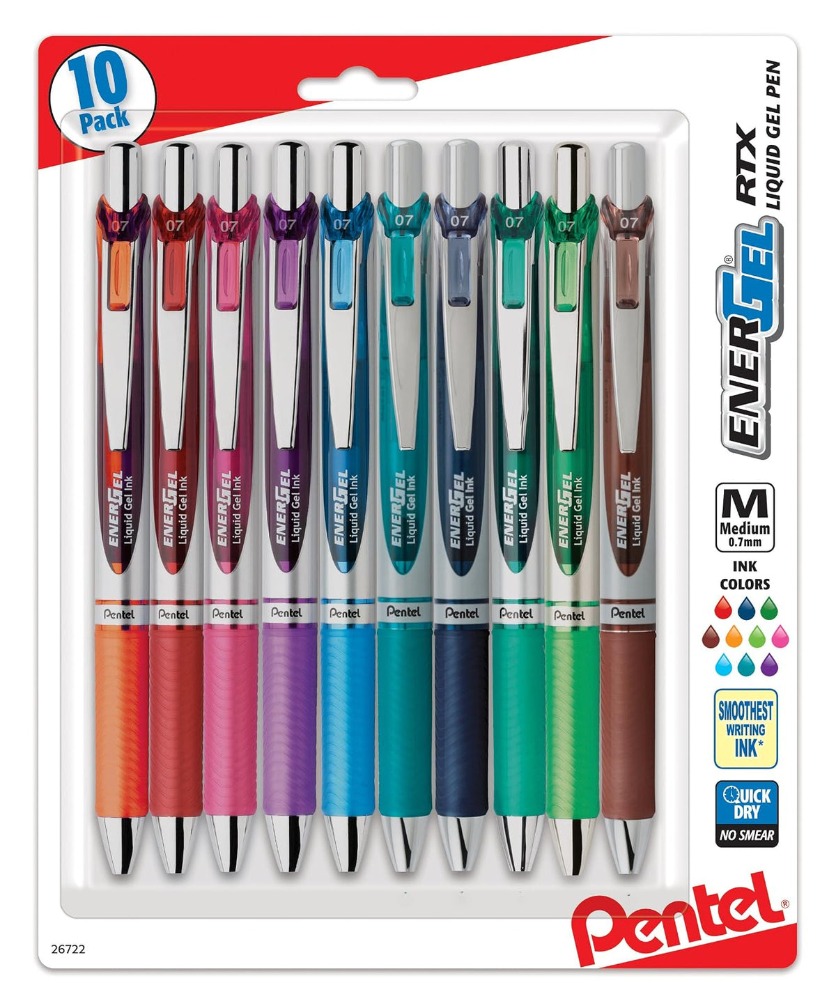 Pentel EnerGel RTX Bolígrafo retráctil de gel líquido, (0.7 mm) línea media, varios colores de tinta (BL77BP12M), paq-10