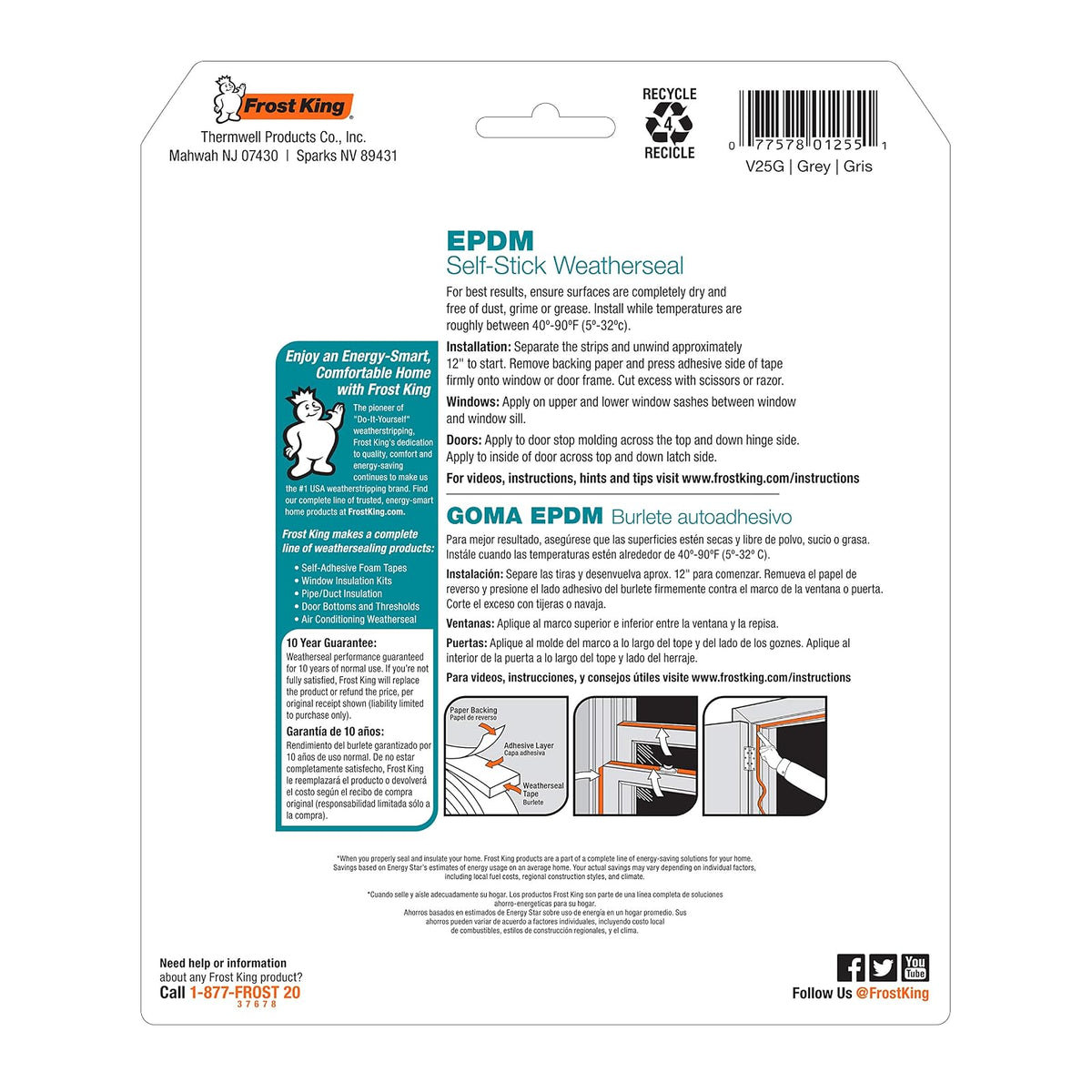 Frost King V25GA Cinta de hule resistente a la intemperie de 0.95 cm por 0.64 cm por 518.50 cm, gris, Gris