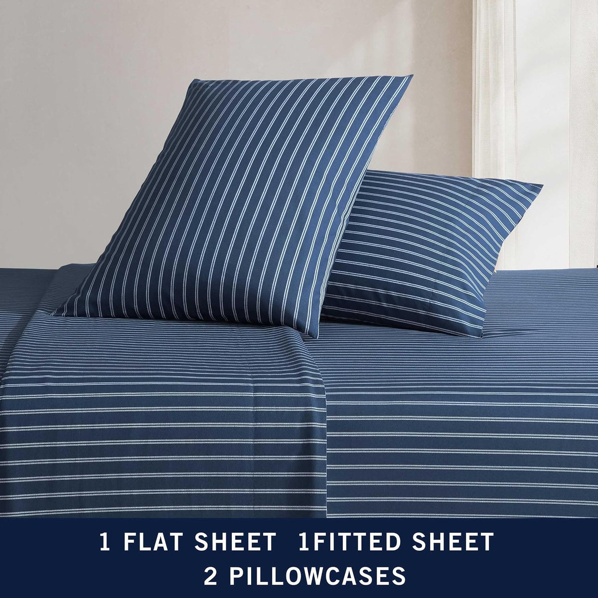 Nautica - Juego de sábanas de percal de algodón de Alta Calidad, Juego de Ropa de Cama a Rayas, Certificado Oeko-Tex, Color Azul Rayado, tamaño Individual XL