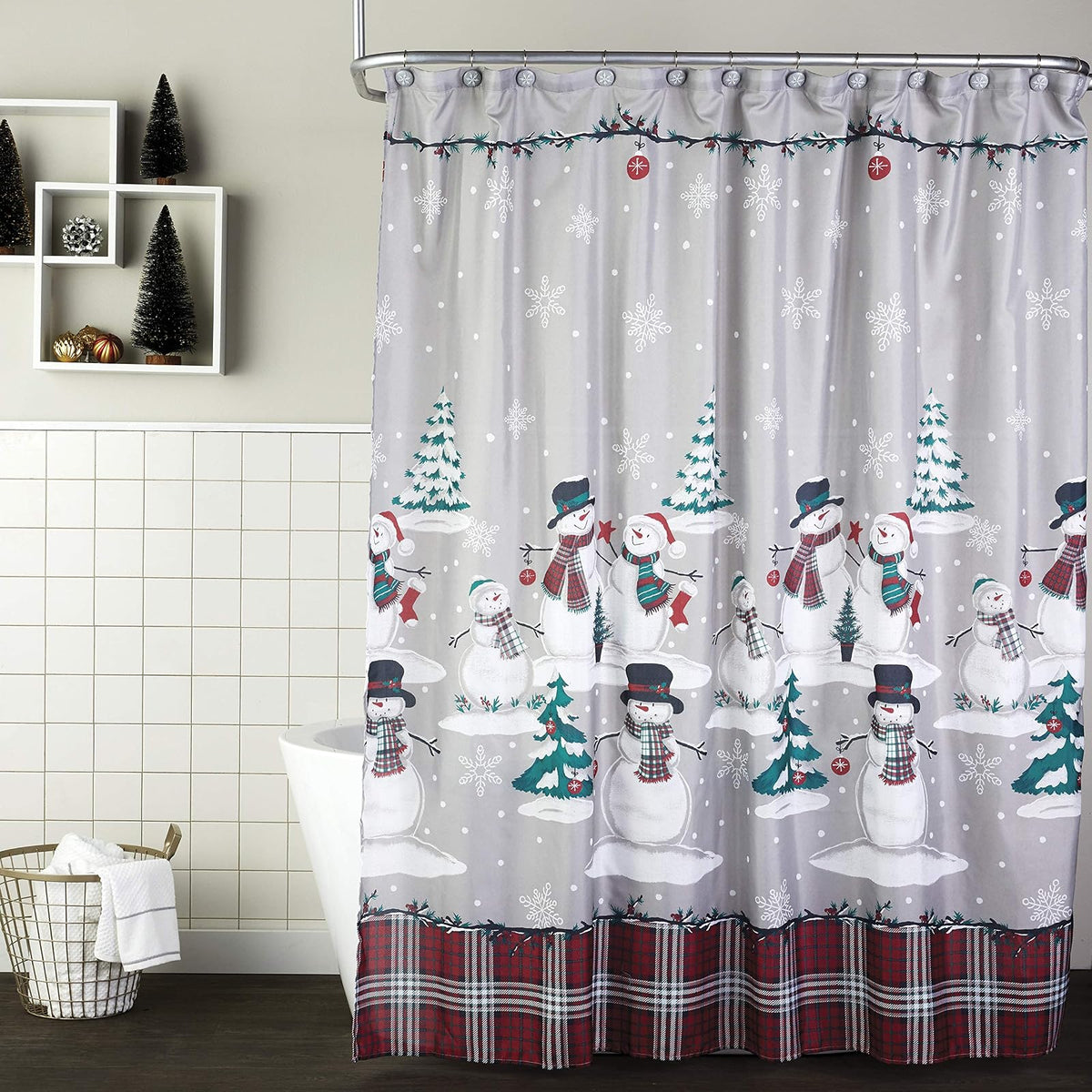 SKL Home - Cortina de Ducha con diseño de muñeco de Nieve para Navidad e Invierno, Juego de 12 Ganchos, Multicolor
