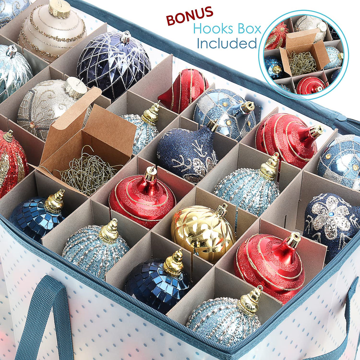 Hearth & Harbor Caja grande de almacenamiento de adornos de Navidad con separadores ajustables, contenedor de almacenamiento de adornos de plástico para 128 adornos o decoraciones navideñas