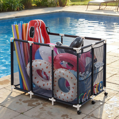 VEVOR Contenedor de Almacenamiento de Piscina 120 x 77 x 86,5 cm, Caja de Almacenamiento para Flotadores con Ruedas, Marco de Plástico Resistente, Cesta de Malla para Juguetes, Inflables, Pelotas