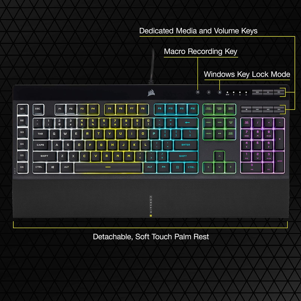 Corsair K55 RGB Pro Teclado para Juegos con Cable de Membrana – IP42 Resistente al Polvo y derrames – 6 Teclas Macro con integración Elgato – Compatible con iCUE – QWERTY NA – PC, Mac y Xbox – Negro