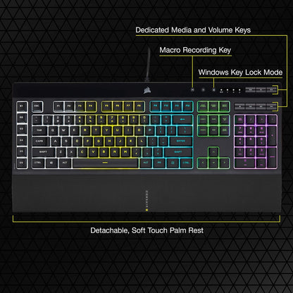 Corsair K55 RGB Pro Teclado para Juegos con Cable de Membrana – IP42 Resistente al Polvo y derrames – 6 Teclas Macro con integración Elgato – Compatible con iCUE – QWERTY NA – PC, Mac y Xbox – Negro