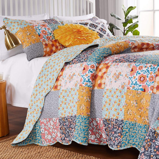 Barefoot Bungalow Carlie Floral Multicolor Juego de edredón Reversible, Tamaño 3 Piezas King, Retazos de calicó