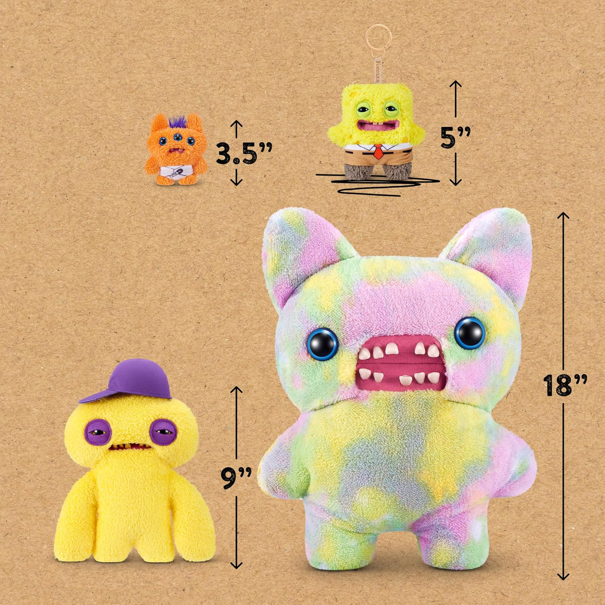 Fuggler Spongebob Keyrings 5" | Paquete de 5 llaveros de peluche de 5 pulgadas, diseño de monstruo feo divertido