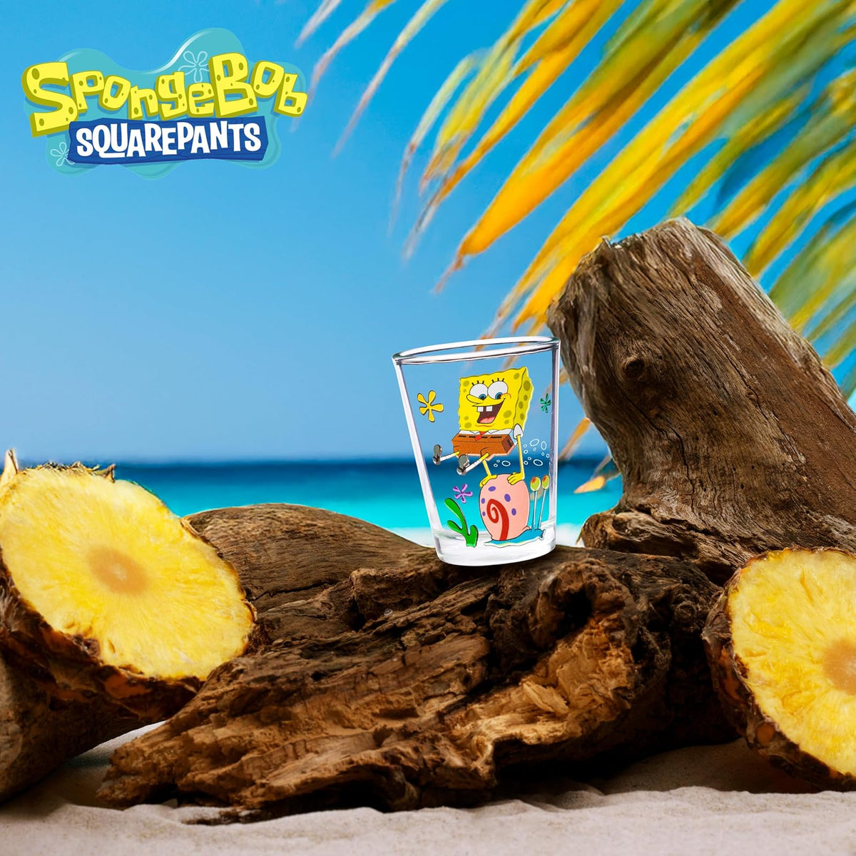 Silver Buffalo SpongeBob - Pantalones cuadrados con Gary Poses Floral Krabby Patty Paquete de 4 mini, juego de vidrio, 1.5 onzas