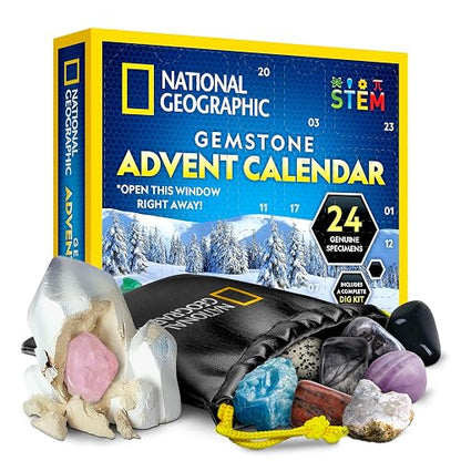 NATIONAL GEOGRAPHIC Gemstone Advent Calendar - 2022 Advent Calendar for Kids with 24 Gemstones to Open Each Day, a Complete Rock Collection Christmas Countdown Calendar with Mini Gemstone Dig Kit