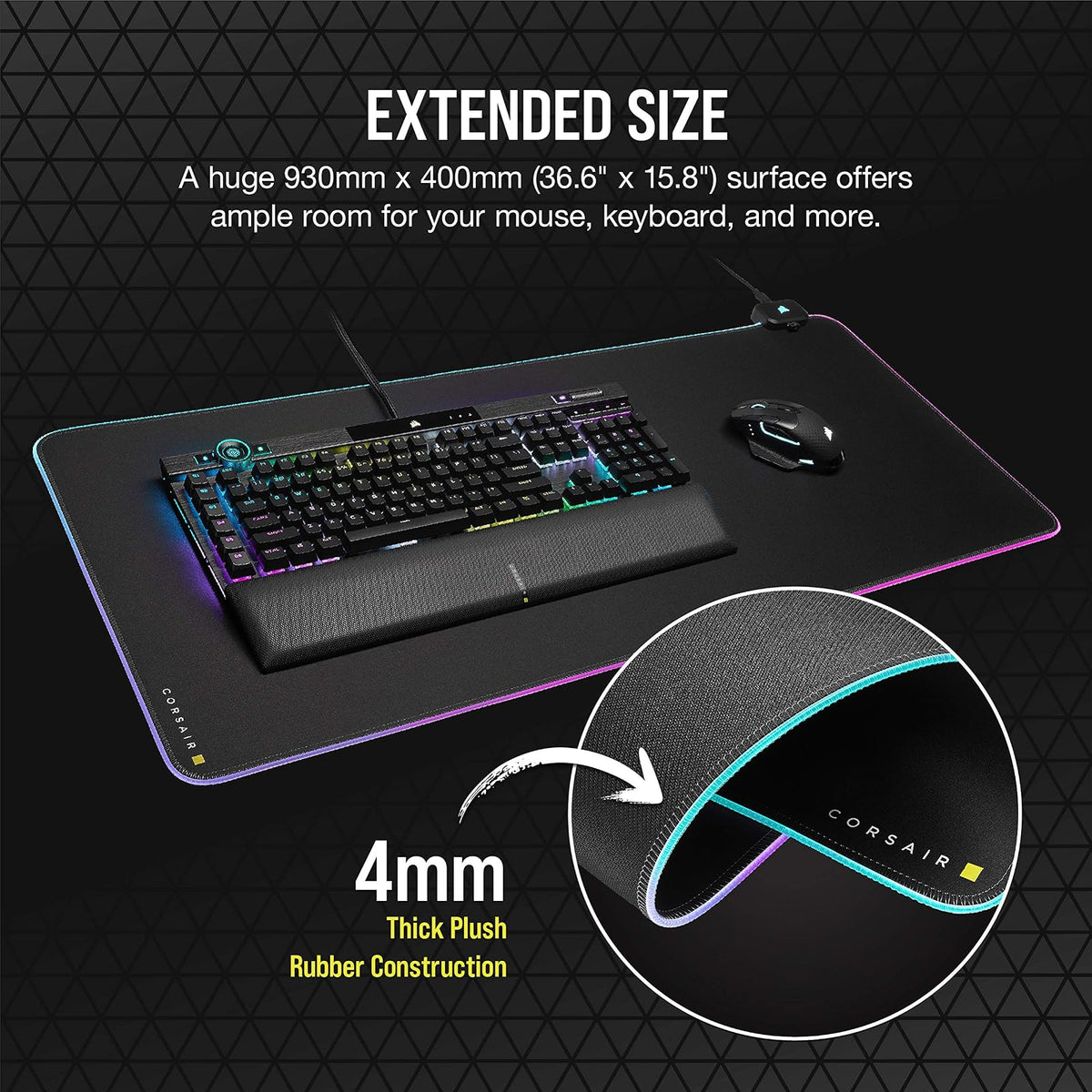 Corsair MM700 RGB Alfombrilla de Ratón para Juegos de Tela Extendida - 930mm x 400mm - Iluminación RGB de 360° - Concentrador con Dos Puertos USB - Goma Gruesa - Negro