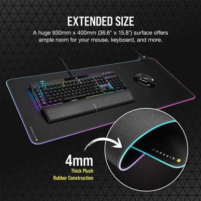 Corsair MM700 RGB Alfombrilla de Ratón para Juegos de Tela Extendida - 930mm x 400mm - Iluminación RGB de 360° - Concentrador con Dos Puertos USB - Goma Gruesa - Negro