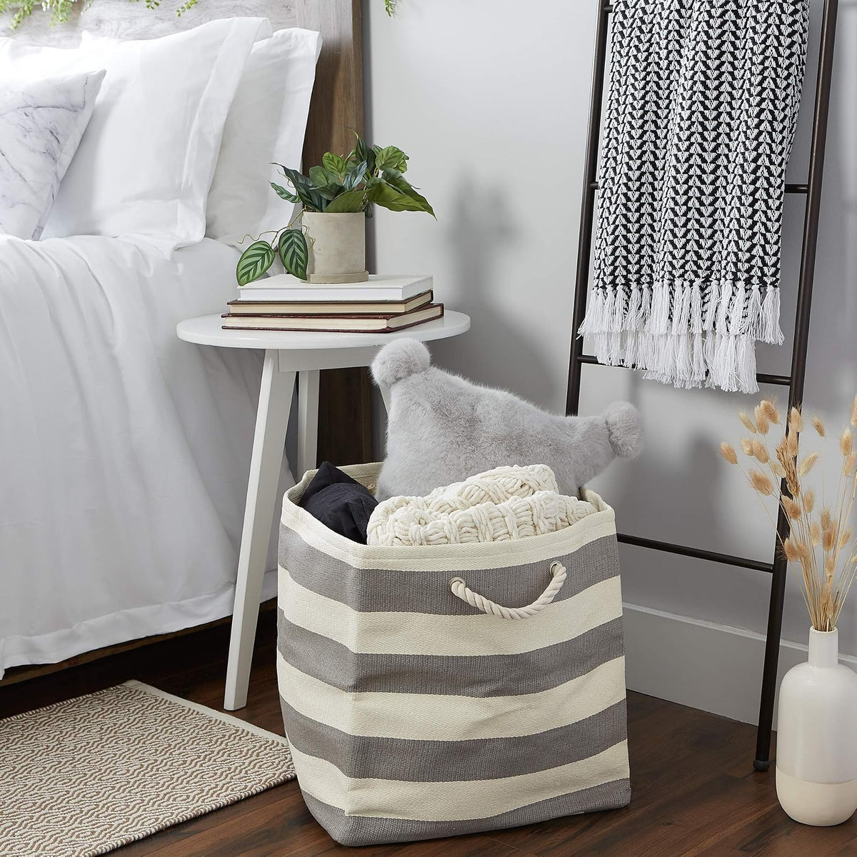 DII Oversize Woven Paper Storage Basket or Bin, Collapsible & Convenient Home Organization Solution for Office, Bedroom, Closet, Toys, & Laundry (Large Square 16x16x16") - Gray Rugby Stripe