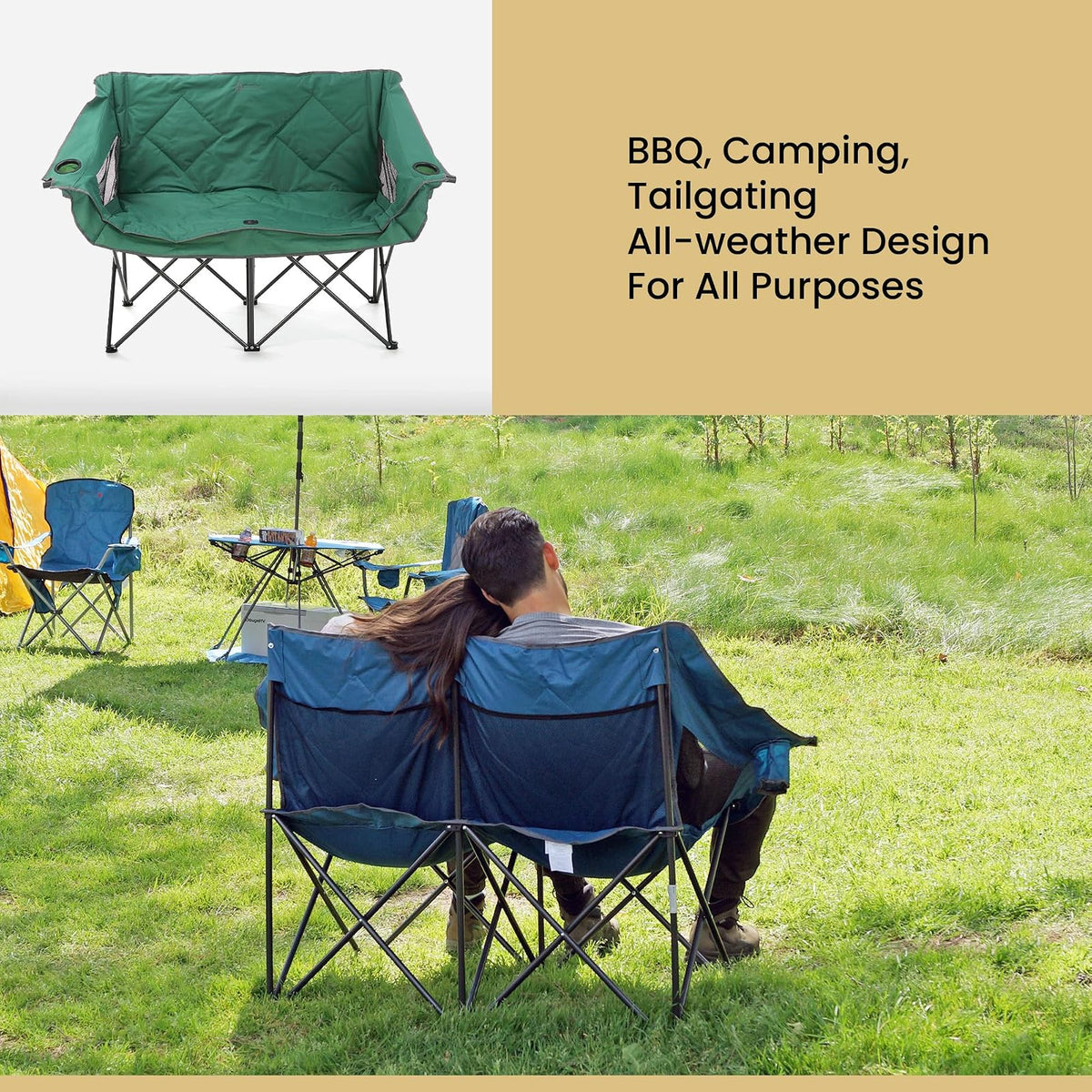 Arrowhead Outdoor - Sofá de Cama Doble Plegable portátil con 2 Tazas y Soporte para Copas de Vino, Bolsa de Transporte Resistente, Asientos Acolchados y apoyabrazos, soporta hasta 500 Libras, Soporte